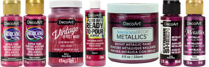 A selection of DecoArt acrylic paints in berry shades ranging from light to dark